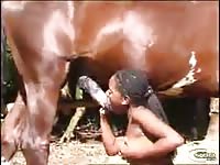 Pretinha linda chupando e rebolando no cavalo