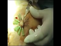 Bizarre bdsm fetish footage features perky breasted slut having needles pushed into her nipples