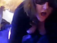 Cute furry dog milking on big tits lady